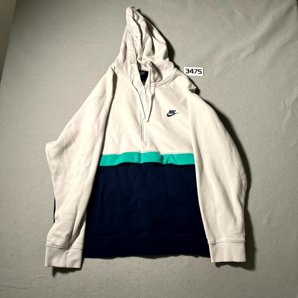 Nike Half-Zip Hoodie‎ Sweatshirt Mens 2XL White Navy Fleece Lined Long Sleeve
